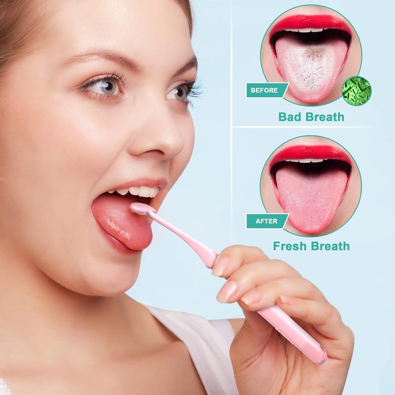 Mspan Tongue Scraper Cleaner Brush: Tongue Care Cleaning Scrubber with Plastic Travel Case Cover for Adults kids - Clean Oral Bad Breath Pink White 2 Pack - Image 2